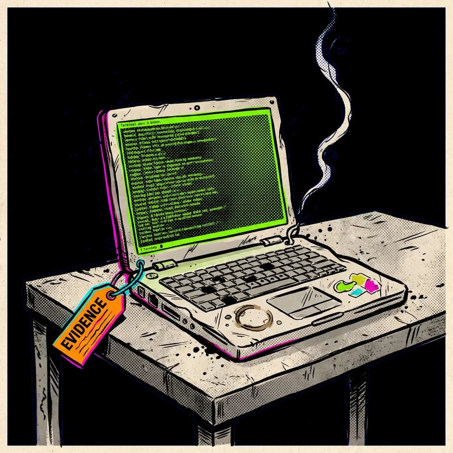 Cartoon battered laptop tagged as evidence, screen glowing green
