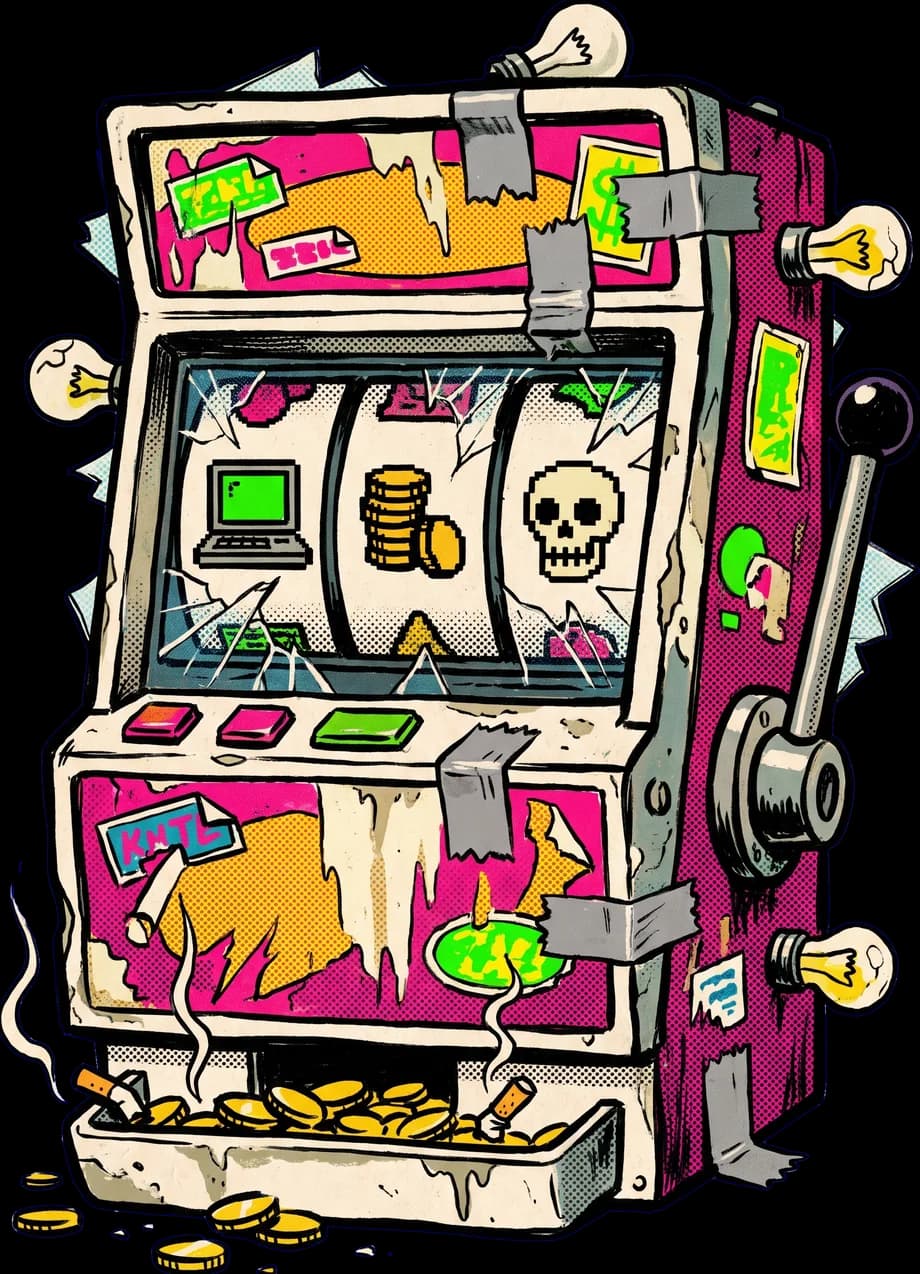 Cartoon slot machine cabinet, dented and covered in duct tape